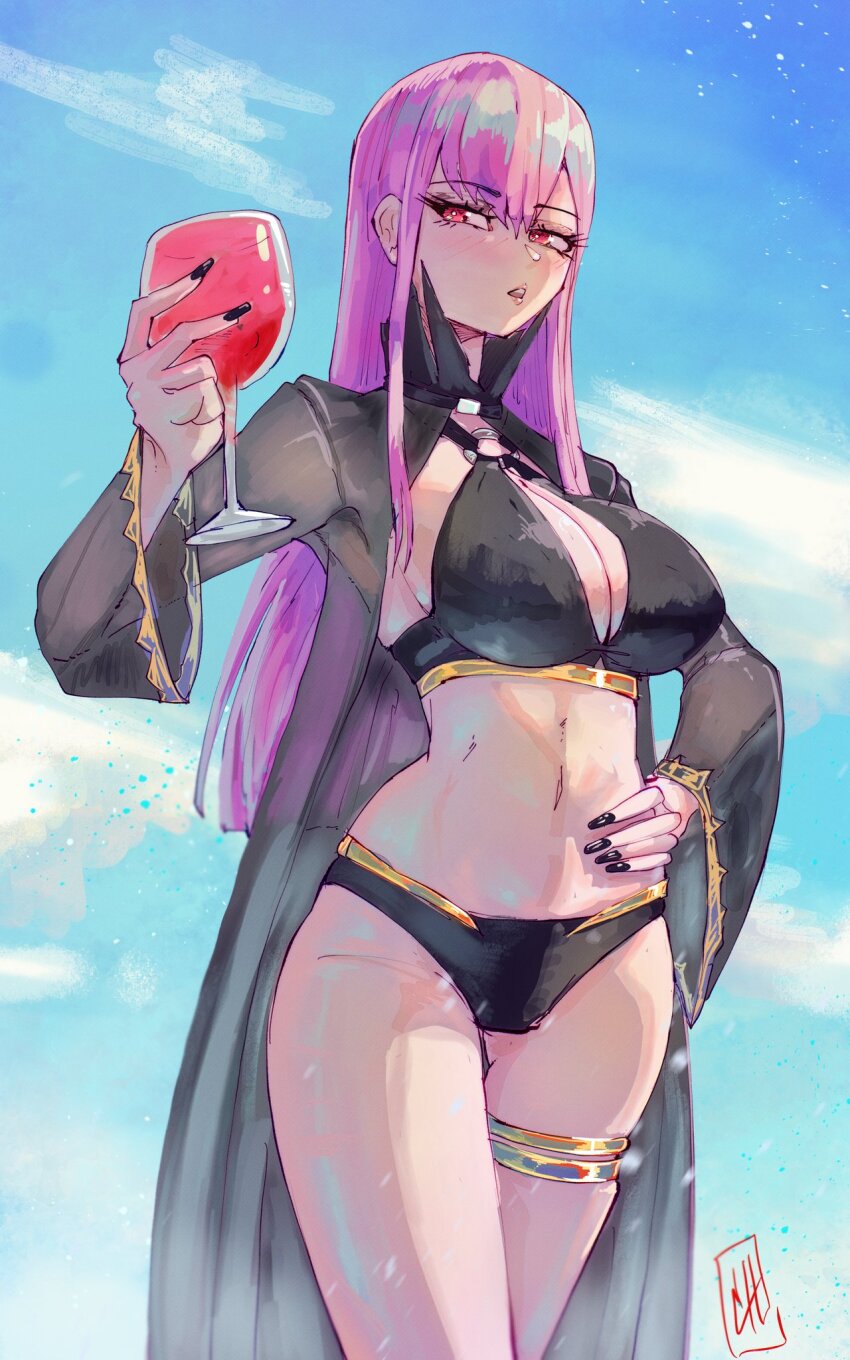 1girl, alcohol, alternate_costume, bikini, black_bikini, black_nails, boutsoftheblind, breasts