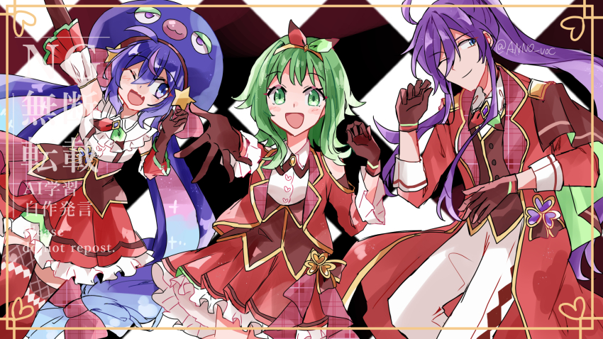 1boy, 2girls, ahoge, alternate_costume, anno_voc, black_gloves, blue_eyes, blue_hair