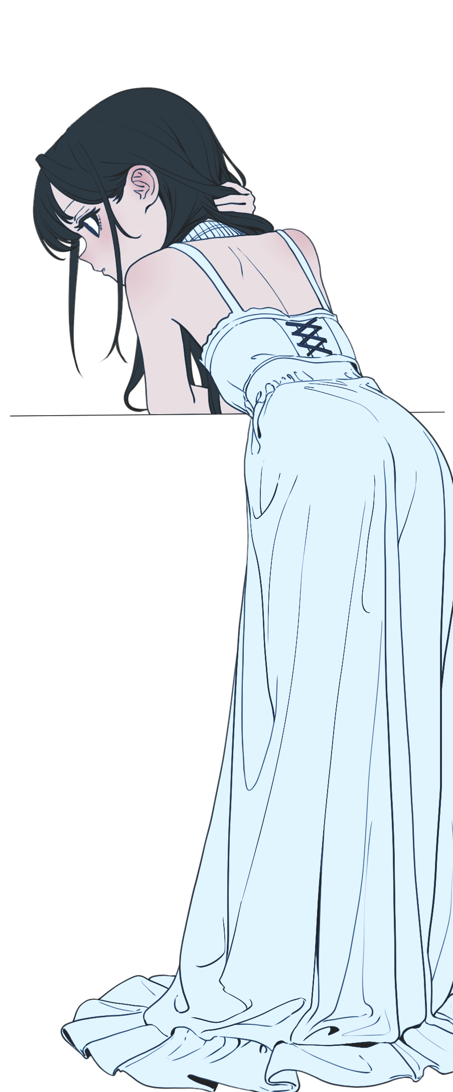 1girl, adjusting_hair, back, black_eyes, black_hair, dress, from_behind, full_body