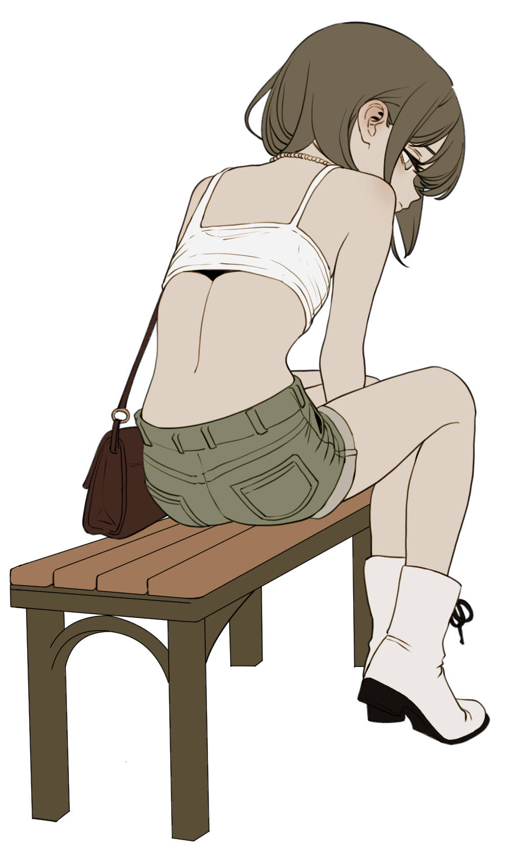 1girl, ass, back, bag, bench, boots, brown_hair, camisole