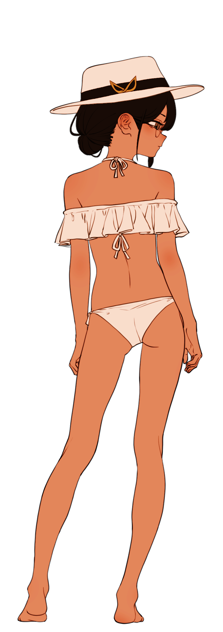 1girl, ass, bare_shoulders, bikini, black_hair, brown_eyes, dark-skinned_female, dark_skin