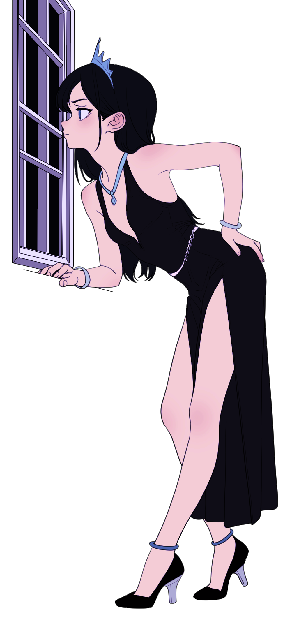 1girl, bare_shoulders, black_dress, black_hair, blue_eyes, breasts, dress, full_body