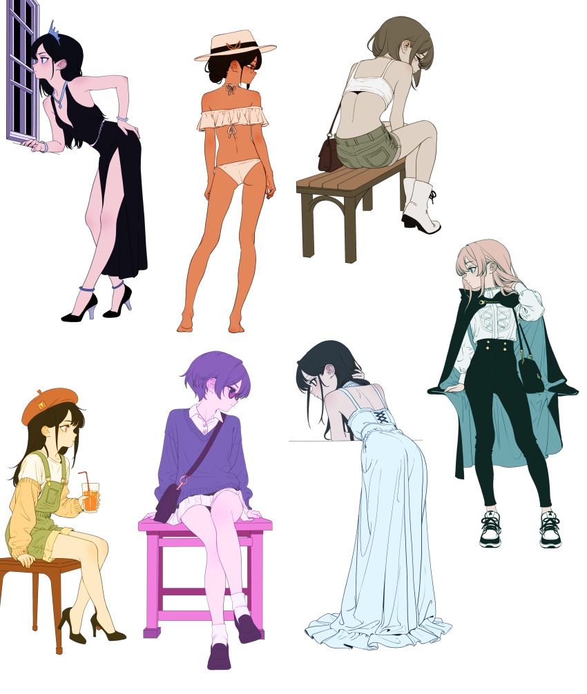 6+girls, absurdres, adjusting_hair, ass, back, bag, bare_shoulders, bench