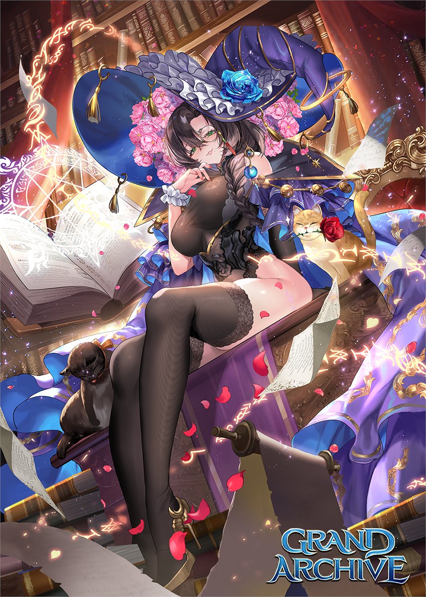 1girl, arm_support, black_cat, black_leotard, black_thighhighs, blue_flower, blue_robe, book