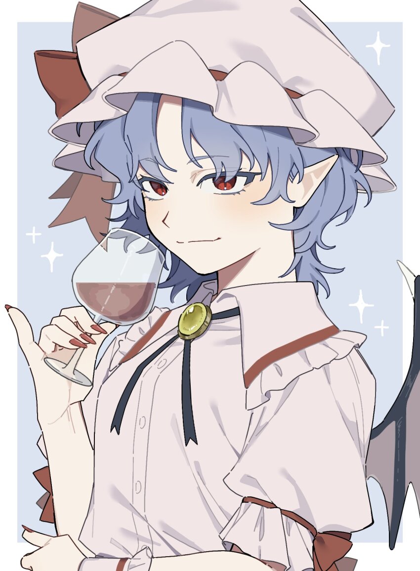 1girl, bat_wings, blue_hair, bow, brooch, closed_mouth, collared_shirt, commentary