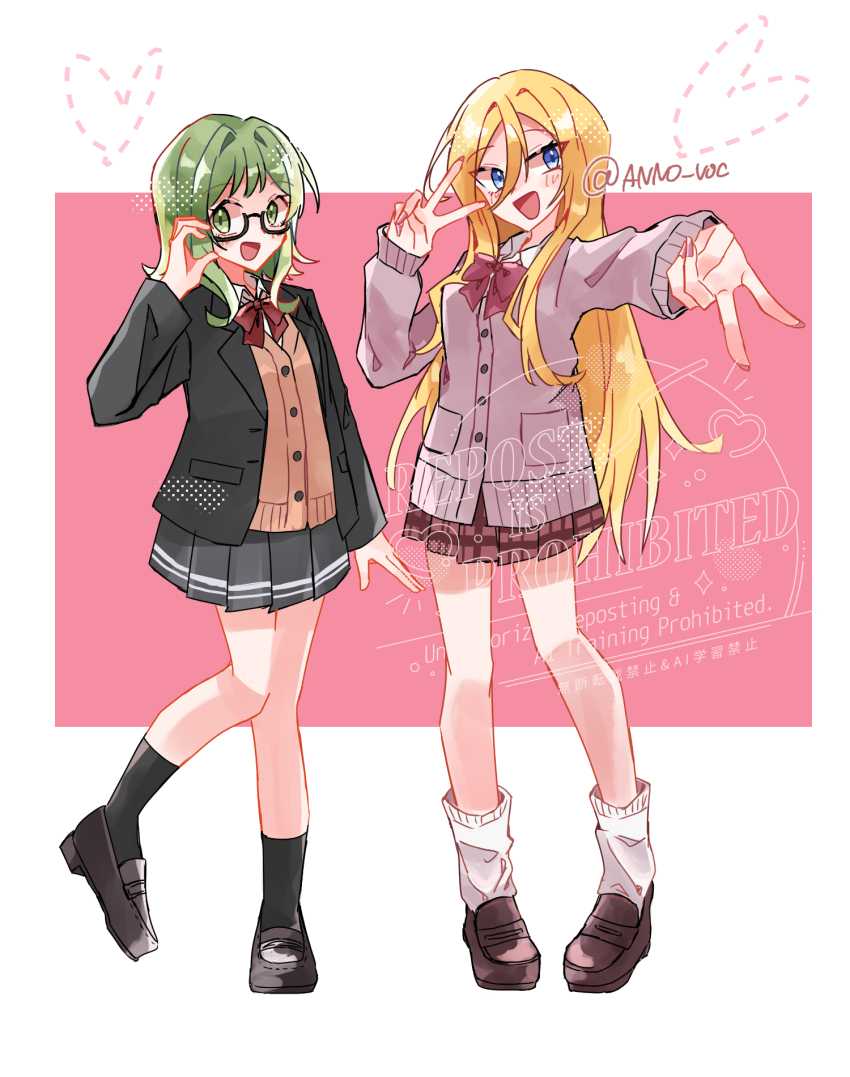 2girls, anno_voc, black_jacket, black_shoes, black_socks, blazer, blonde_hair, blue_eyes