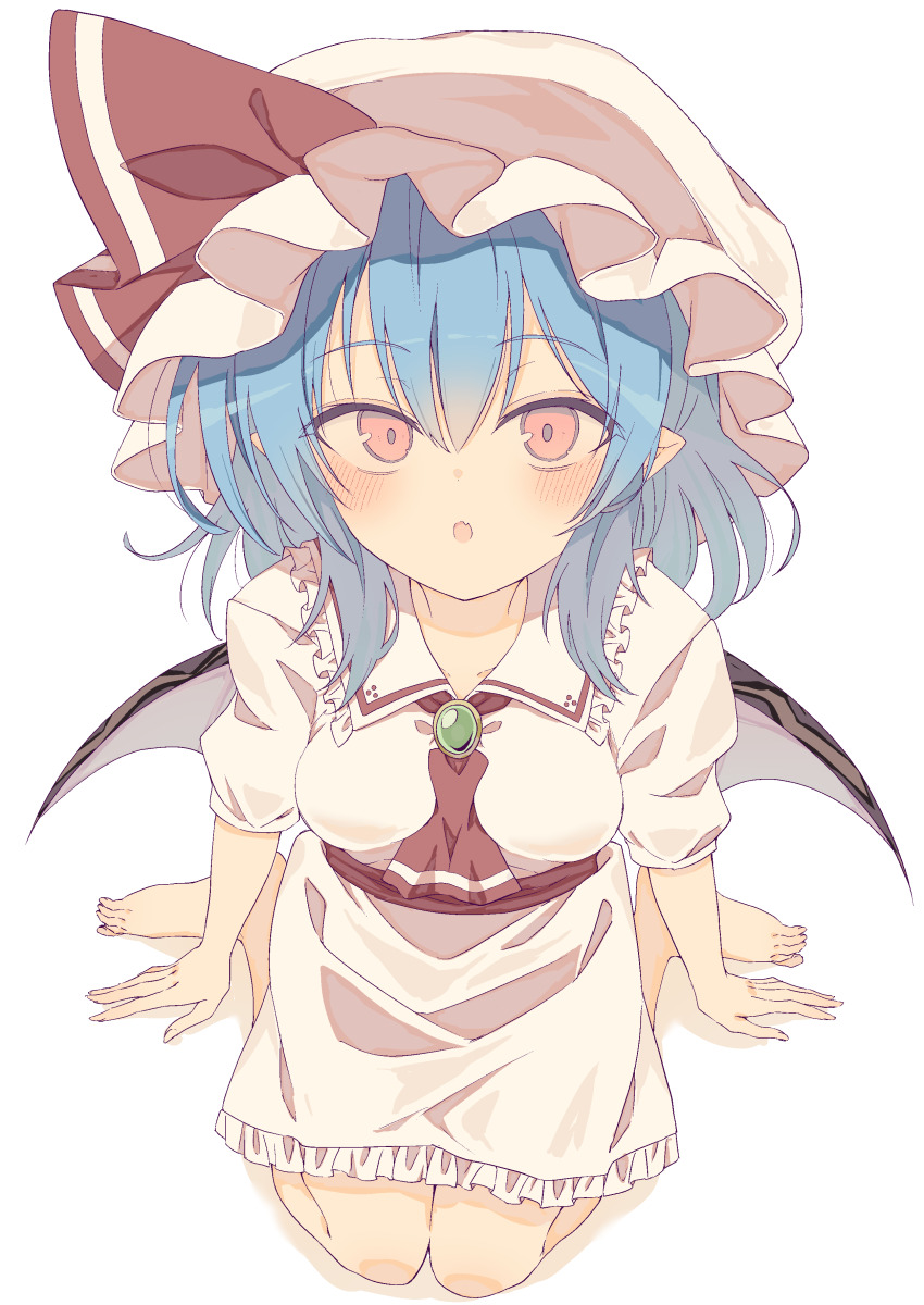 1girl, absurdres, ascot, barefoot, bat_wings, blue_hair, blush, breasts