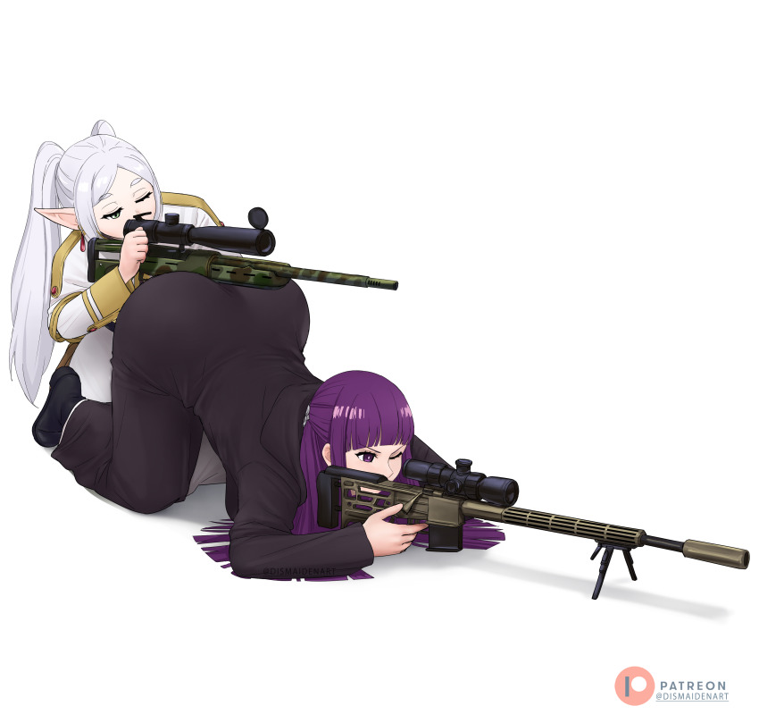 2girls, absurdres, ass, between_buttocks, commentary, dismaiden, elf, english_commentary, fern_(sousou_no_frieren), frieren, green_eyes, gun, highres, holding, holding_gun, holding_weapon, human_bipod, long_hair, meme, multiple_girls, parted_bangs, pointy_ears, rifle, simple_background, sniper_rifle, sousou_no_frieren, top-down_bottom-up, twintails, weapon, white_background, white_hair
