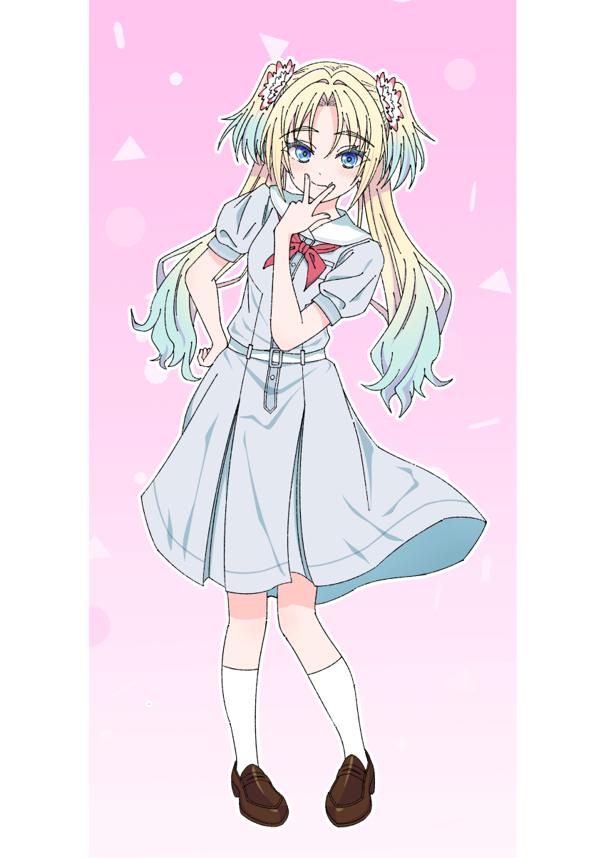 1girl, absurdres, blonde_hair, blue_dress, blue_hair, blush, breast_pocket, brown_shoes