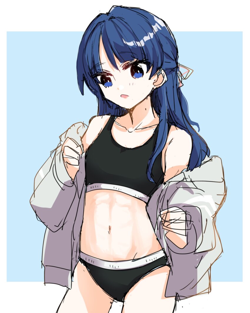 1girl, abs, armpit_crease, bare_shoulders, black_panties, black_sports_bra, blue_background, blue_eyes