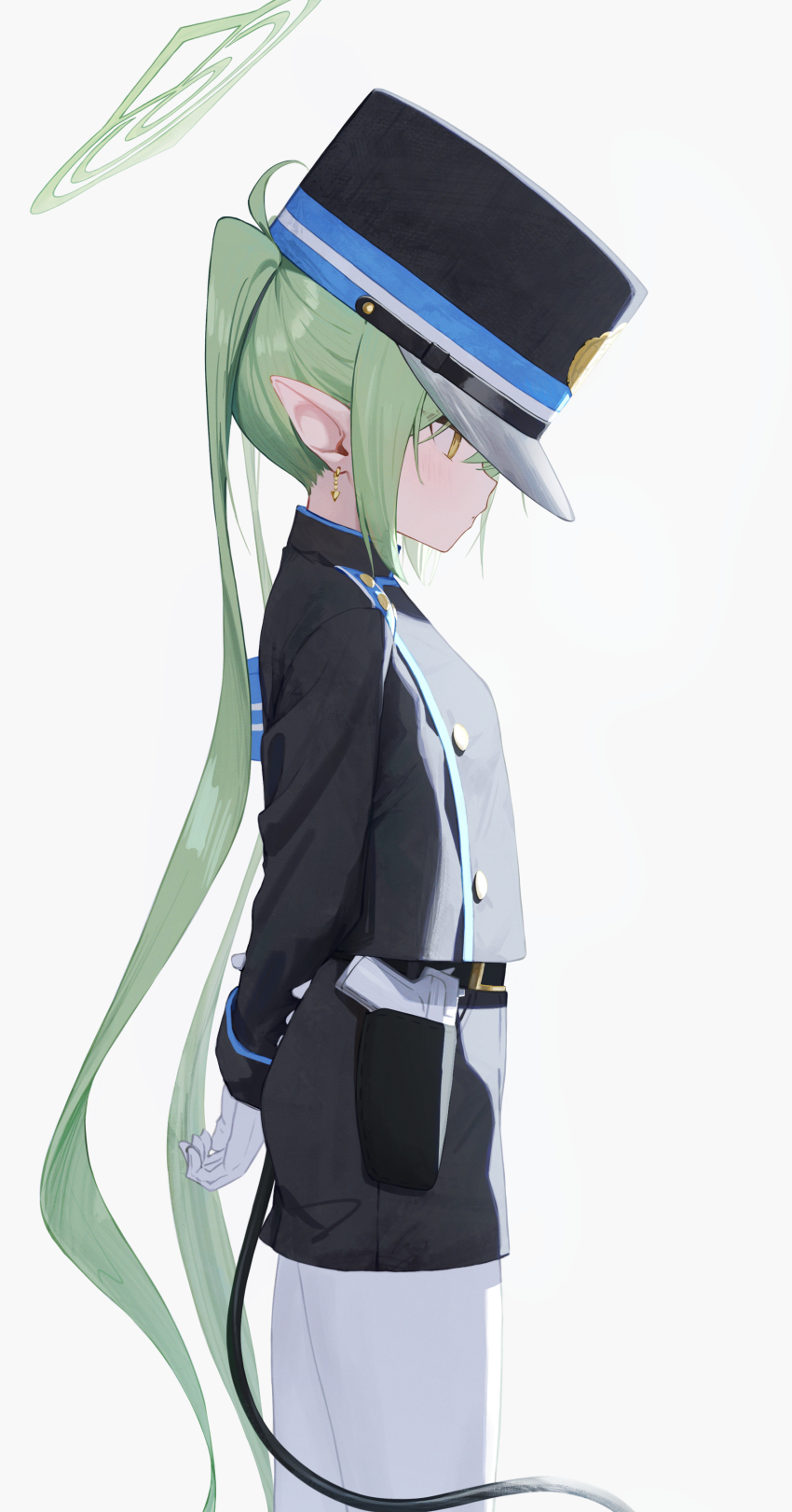 1girl, absurdres, black_hat, black_jacket, black_shorts, black_tail, blue_archive, closed_mouth