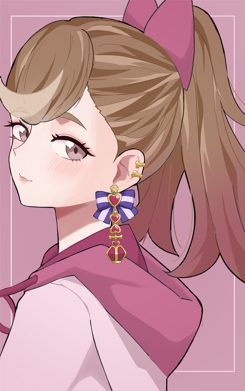 1girl, barbell_piercing, bone_earrings, bow, bow_earrings, brown_eyes, brown_hair, closed_mouth