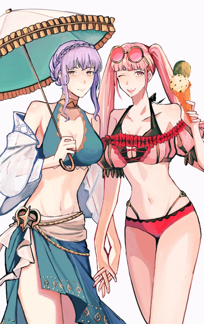 2girls, absurdres, alternate_costume, bikini, blue_bikini, blue_hair, blue_sarong, braid, breasts, brown_eyes, cleavage, closed_mouth, crown_braid, eyewear_on_head, fire_emblem, fire_emblem:_three_houses, fire_emblem_heroes, highres, hilda_valentine_goneril, hilda_valentine_goneril_(summer), holding, holding_ice_cream_cone, holding_umbrella, ice_cream_cone, large_breasts, long_hair, looking_at_viewer, marianne_von_edmund, marianne_von_edmund_(summer), medium_breasts, multiple_girls, navel, nintendo, off-shoulder_bikini, off_shoulder, official_alternate_costume, one_eye_closed, open_mouth, parasol, pink-tinted_eyewear, pink_bikini, pink_eyes, pink_hair, ponzuponta39, sarong, smile, stomach, striped_bikini, striped_clothes, sunglasses, swimsuit, tinted_eyewear, twintails, umbrella, vertical-striped_bikini, vertical-striped_clothes