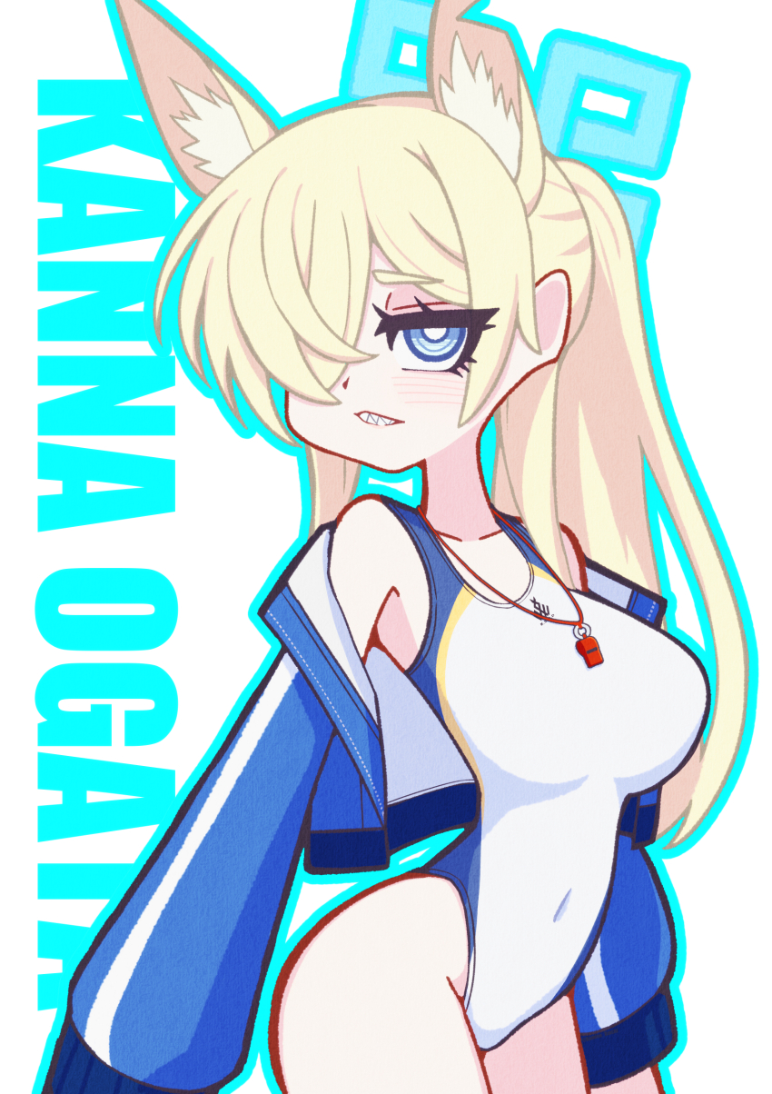 1girl, absurdres, animal_ears, ass, blonde_hair, blue_archive, blue_eyes, blue_halo, breasts, clenched_teeth, competition_swimsuit, daichi_(daiti1318), dog_ears, extra_ears, hair_over_one_eye, halo, highres, kanna_(blue_archive), kanna_(swimsuit)_(blue_archive), large_breasts, long_hair, notched_ear, official_alternate_costume, one-piece_swimsuit, sharp_teeth, solo, swimsuit, teeth, whistle, whistle_around_neck, white_one-piece_swimsuit
