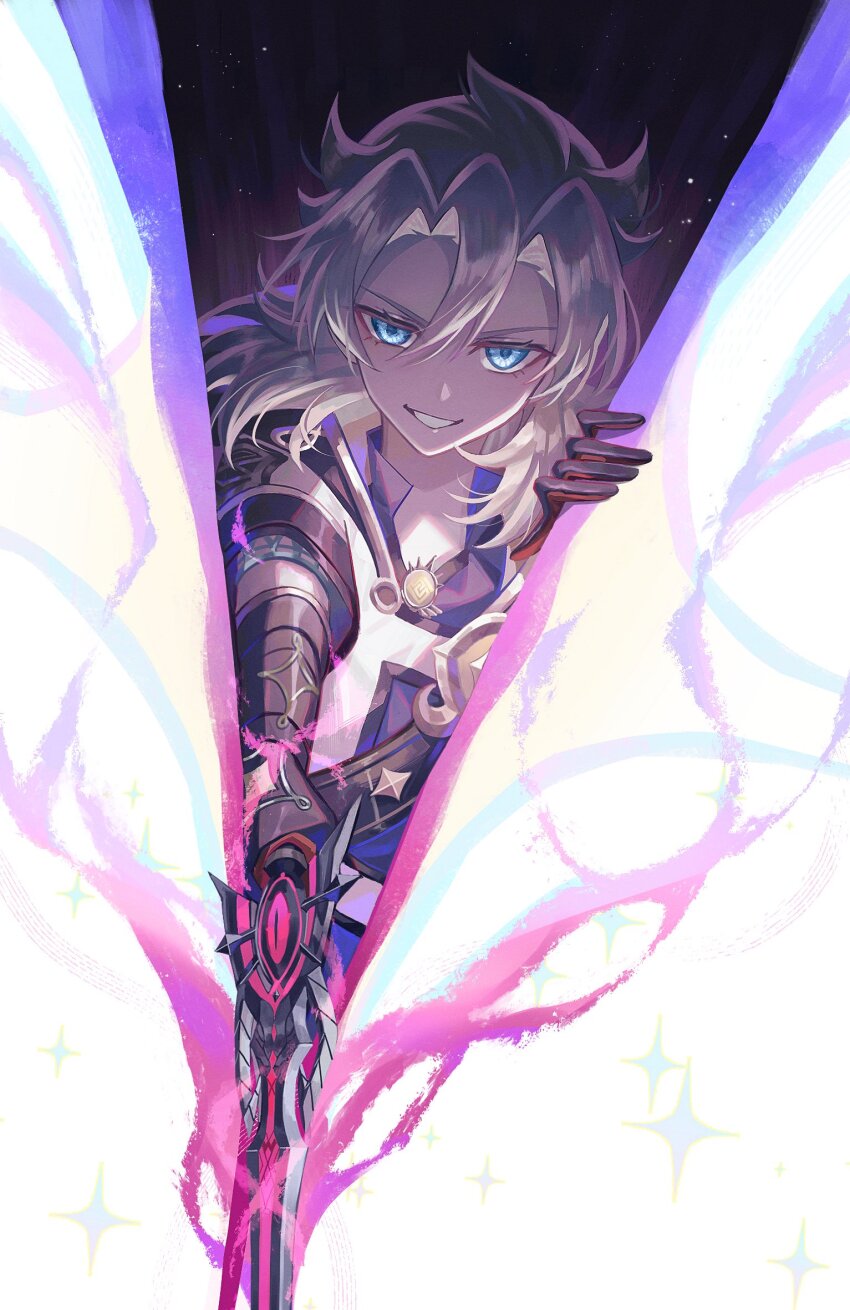 1boy, albedo_(genshin_impact), black_gloves, blonde_hair, blue_eyes, blue_shirt, brown_gloves, coat