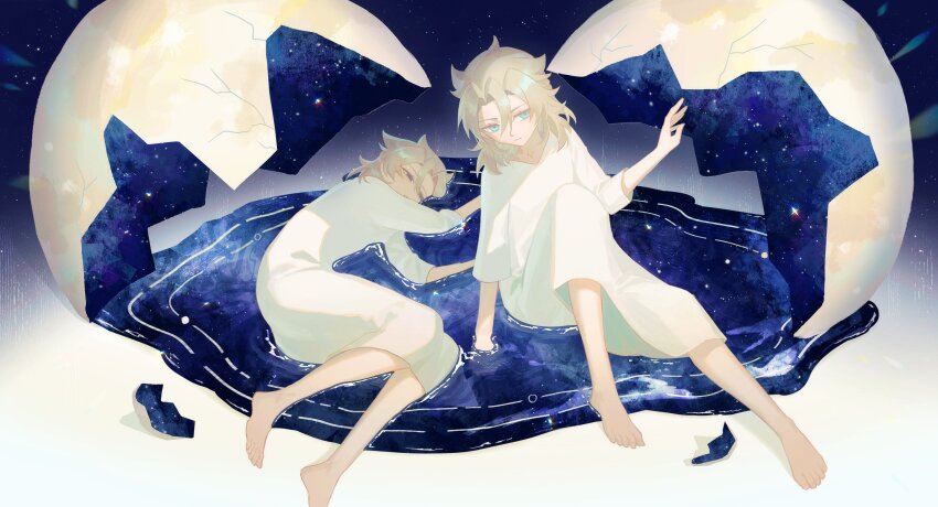 2boys, albedo_(genshin_impact), aqua_eyes, barefoot, blonde_hair, clone, closed_mouth, commentary