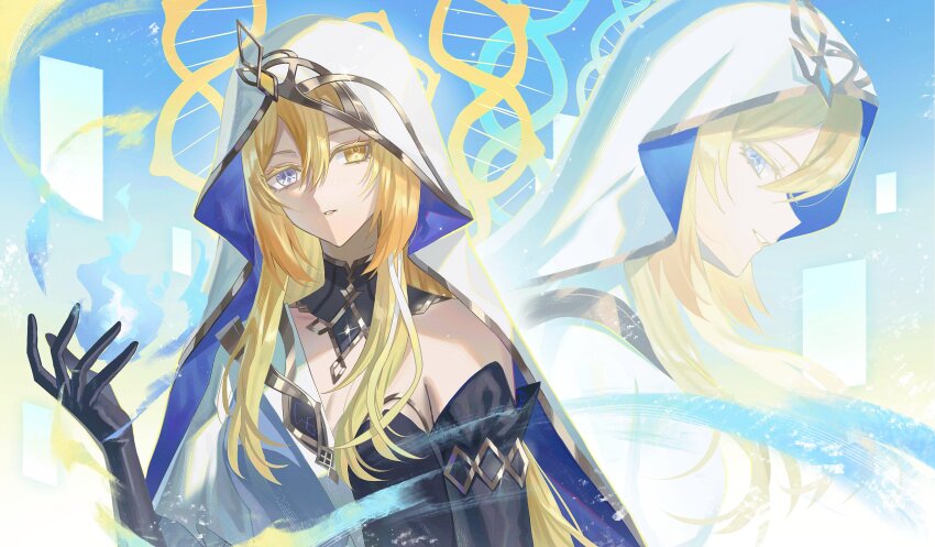 1girl, black_dress, black_gloves, blonde_hair, breasts, cleavage, colored_eyelashes, detached_collar, double_helix, dress, energy, eyelashes, genshin_impact, gloves, gold_trim, gradient_hair, grey_eyes, hair_between_eyes, hand_up, hashtag-only_commentary, heterochromia, highres, large_breasts, long_hair, looking_at_viewer, march_rly, mismatched_pupils, multicolored_hair, multiple_views, parted_lips, profile, rhinedottir_(genshin_impact), sideways_glance, smile, symbol-shaped_pupils, upper_body, veil, very_long_hair, white_dress, white_veil, yellow_eyes