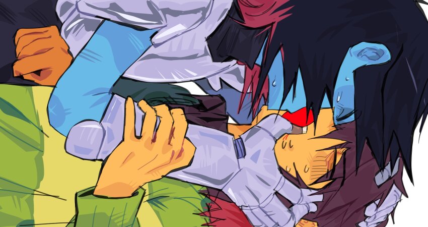 2others, alien_stage, armor, armored_gloves, black_hair, blue_skin, brown_hair, closed_eyes