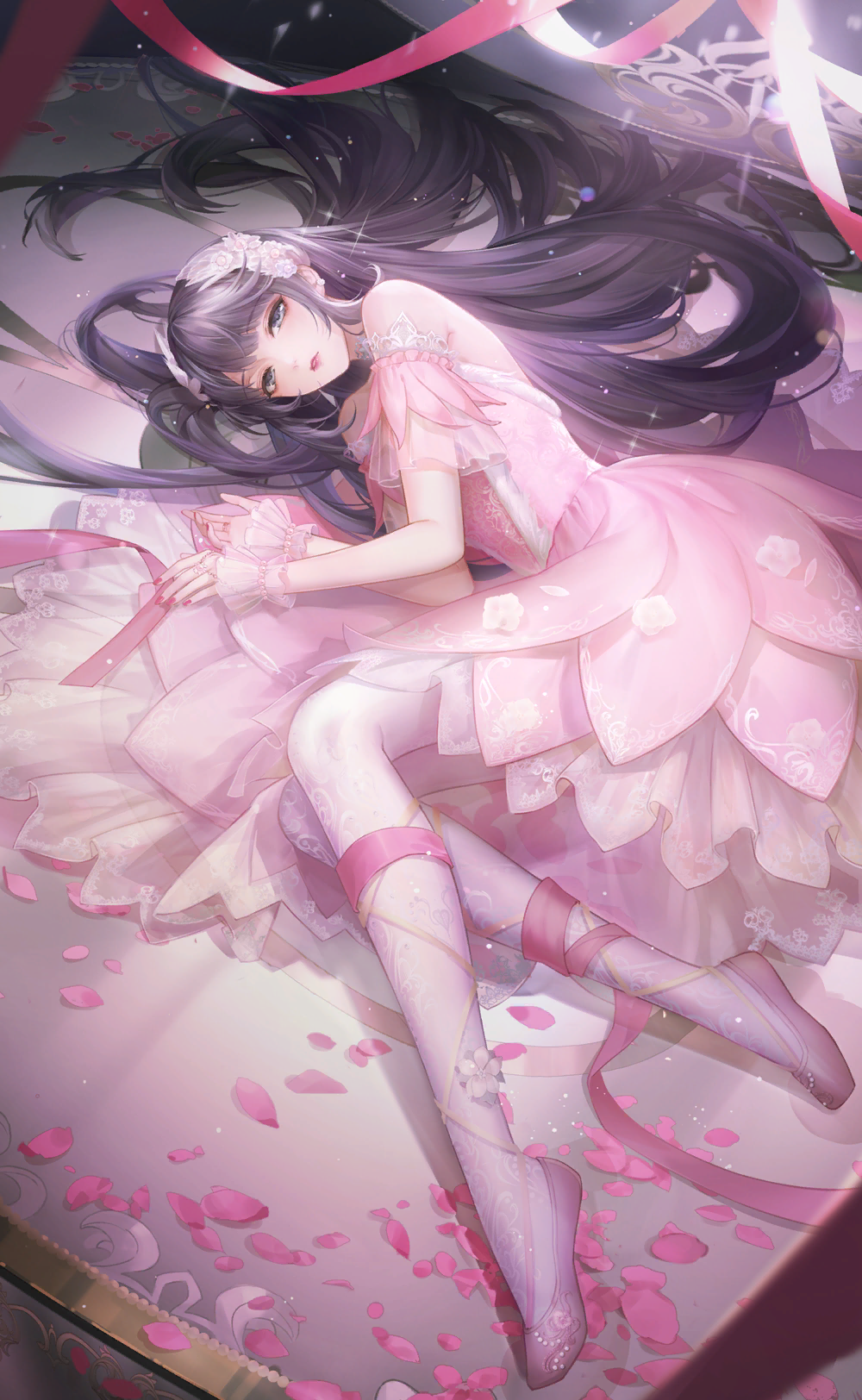 1girl, ankle_ribbon, artist_request, ballet_slippers, bare_shoulders, black_hair, bow, bow_legwear