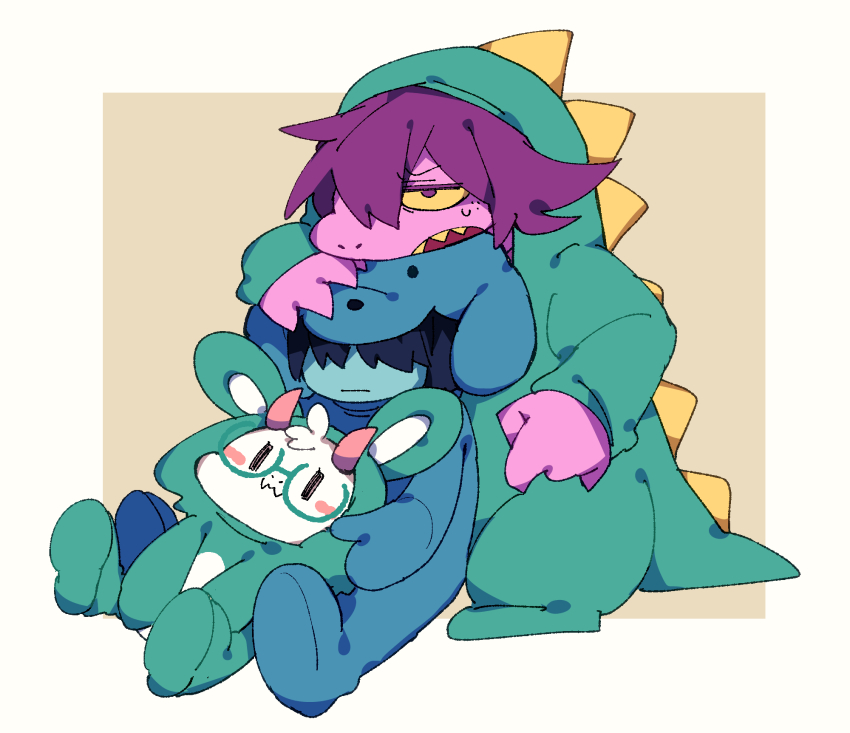 1boy, 1girl, 1other, animal_costume, colored_teeth, cosplay, deltarune, dinosaur_costume