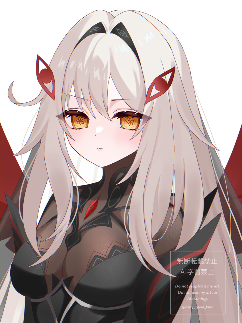 1girl, anti-ai_watermark, artist_name, bodystocking, breasts, cleavage, commentary_request, english_text, eye_hair_ornament, eye_symbol, genshin_impact, grey_hair, hair_between_eyes, highres, kino_(curry_pan), long_hair, looking_at_viewer, partial_commentary, ronova_(genshin_impact), simple_background, solo, symbol-shaped_pupils, upper_body, watermark, white_background, yellow_eyes
