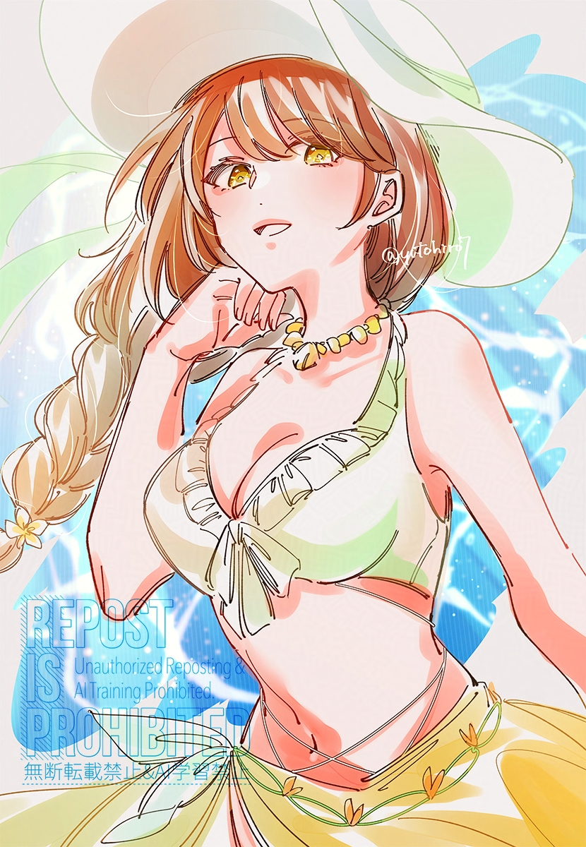 1girl, anti-ai_watermark, artist_name, bikini, braid, breasts, brown_hair, chinese_text