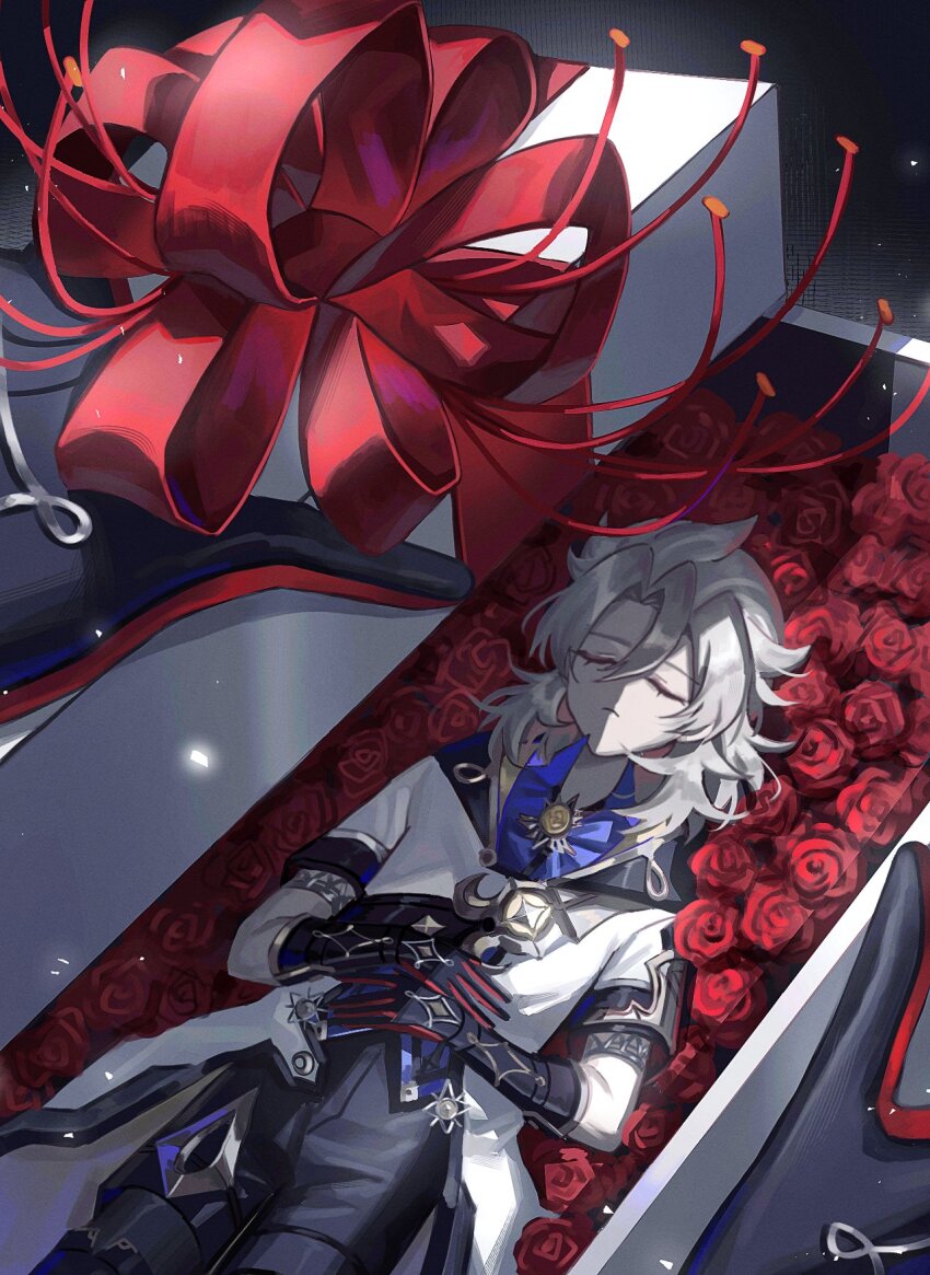 2boys, albedo_(genshin_impact), black_gloves, black_shorts, blonde_hair, blue_shirt, box, closed_eyes