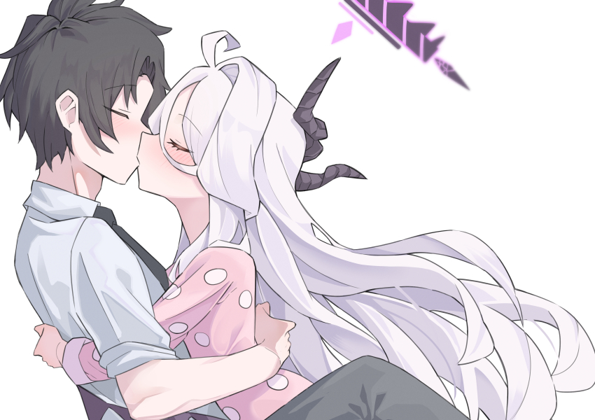 1boy, 1girl, absurdres, ahoge, ahti, black_halo, black_horns, blue_archive, blush, closed_eyes, demon_girl, demon_horns, demon_wings, hair_between_eyes, halo, highres, hina_(blue_archive), hina_(pajamas)_(blue_archive), horns, hug, kiss, loli, long_hair, long_hair_between_eyes, long_sleeves, multiple_horns, official_alternate_costume, pajamas, pink_pajamas, polka_dot, polka_dot_pajamas, polka_dot_shirt, purple_wings, sensei_(blue_archive), shirt, simple_background, very_long_hair, white_background, white_hair, wings