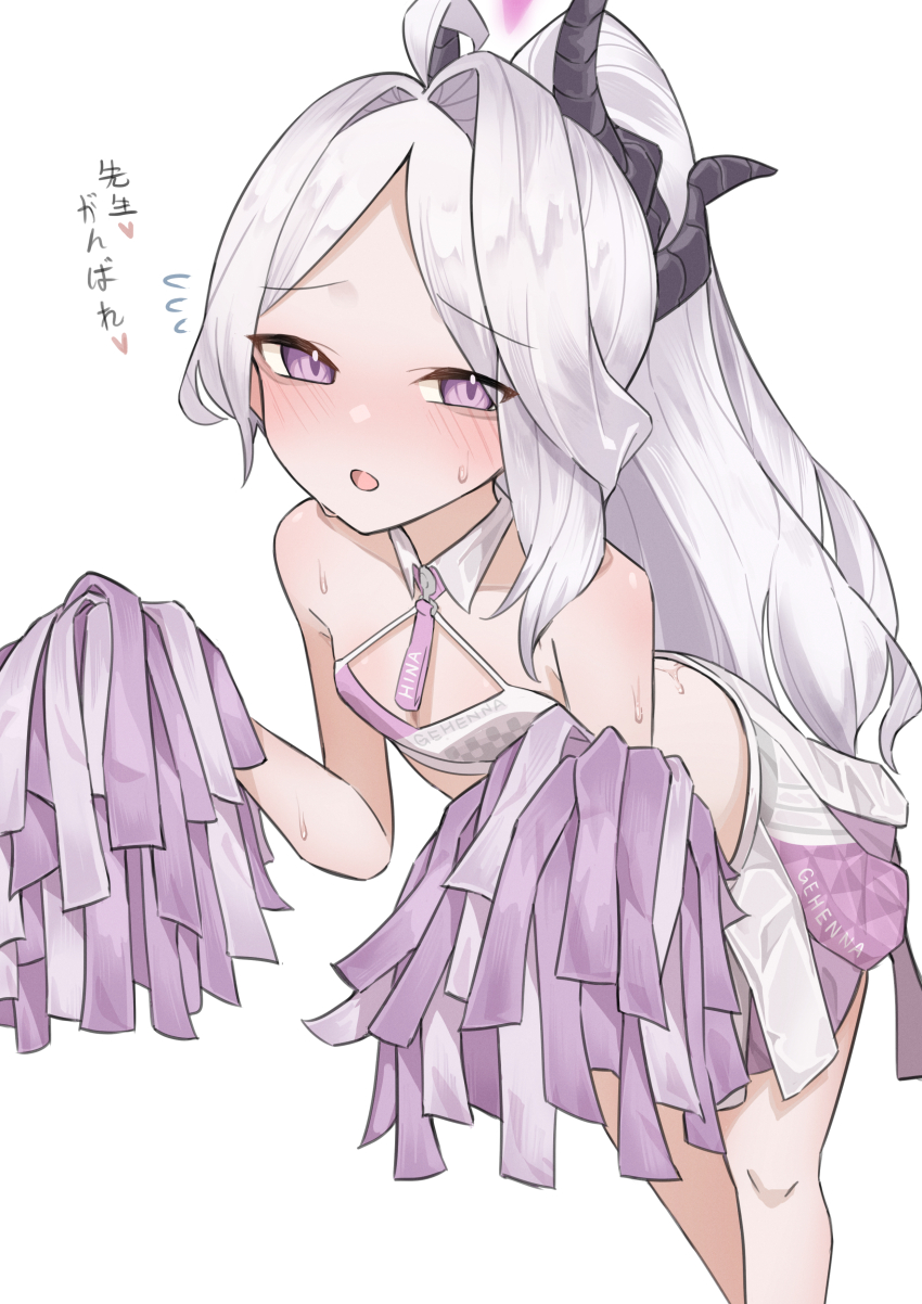 1girl, absurdres, ahti, bare_shoulders, blue_archive, blush, breasts, cheerleader, crop_top, demon_girl, demon_horns, highres, hina_(blue_archive), holding, holding_pom_poms, horns, loli, long_hair, looking_at_viewer, millennium_cheerleader_outfit_(blue_archive), miniskirt, multiple_horns, parted_bangs, pleated_skirt, pom_pom_(cheerleading), pom_poms, ponytail, simple_background, skirt, small_breasts, solo, sweat, white_background, white_hair, white_skirt