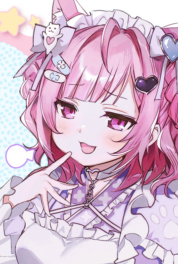 1girl, ahoge, animal_ear_fluff, animal_ears, apron, bandaid, bandaid_hair_ornament, cat_ears