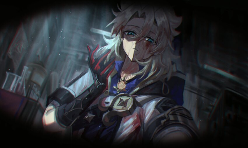 1boy, absurdres, albedo_(genshin_impact), beaker, black_gloves, blonde_hair, blood, blood_in_hair, blood_on_clothes, blood_on_face, blue_eyes, blue_shirt, coat, collared_shirt, commentary, erlenmeyer_flask, flask, genshin_impact, gloves, hair_between_eyes, hand_up, highres, hood, hood_down, hooded_coat, indoors, light_particles, looking_at_viewer, male_focus, march_rly, medium_hair, open_clothes, open_coat, parted_bangs, parted_lips, pov, red_gloves, shirt, short_sleeves, solo, untranslatable_commentary, table, two-tone_gloves, upper_body, vignetting, vision_(genshin_impact), white_coat
