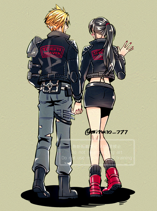 1boy, 1girl, anti-ai_watermark, armor, bare_legs, belt, black_hair, black_jacket, black_skirt, black_socks, blonde_hair, blue_pants, blush, boots, closed_mouth, cloud_strife, cloud_strife_(rider_style), commentary_request, couple, denim, earrings, final_fantasy, final_fantasy_vii, final_fantasy_vii:_ever_crisis, from_behind, full_body, holding_hands, interlocked_fingers, jacket, jeans, jewelry, leather, leather_jacket, long_hair, long_sleeves, looking_at_another, matching_outfits, minato_(ct_777), miniskirt, nail_polish, official_alternate_costume, pants, pencil_skirt, ponytail, red_boots, red_nails, ribbed_socks, shoulder_armor, simple_background, single_earring, skirt, socks, spiked_hair, suspender_skirt, suspenders, thigh_strap, tifa_lockhart, torn_clothes, torn_pants, twitter_username, watermark