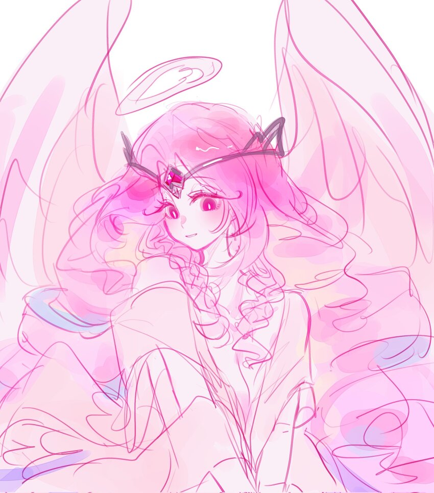 1girl, angel, angel_wings, colored_skin, cookie_run, cookie_run:_kingdom, dress, eternal_sugar_cookie, eyes_on_wings, highres, humanization, kerrolyk, long_hair, looking_at_viewer, pink_eyes, pink_hair, pink_skin, smile, solo, very_long_hair, white_dress, white_eyeshadow, wings