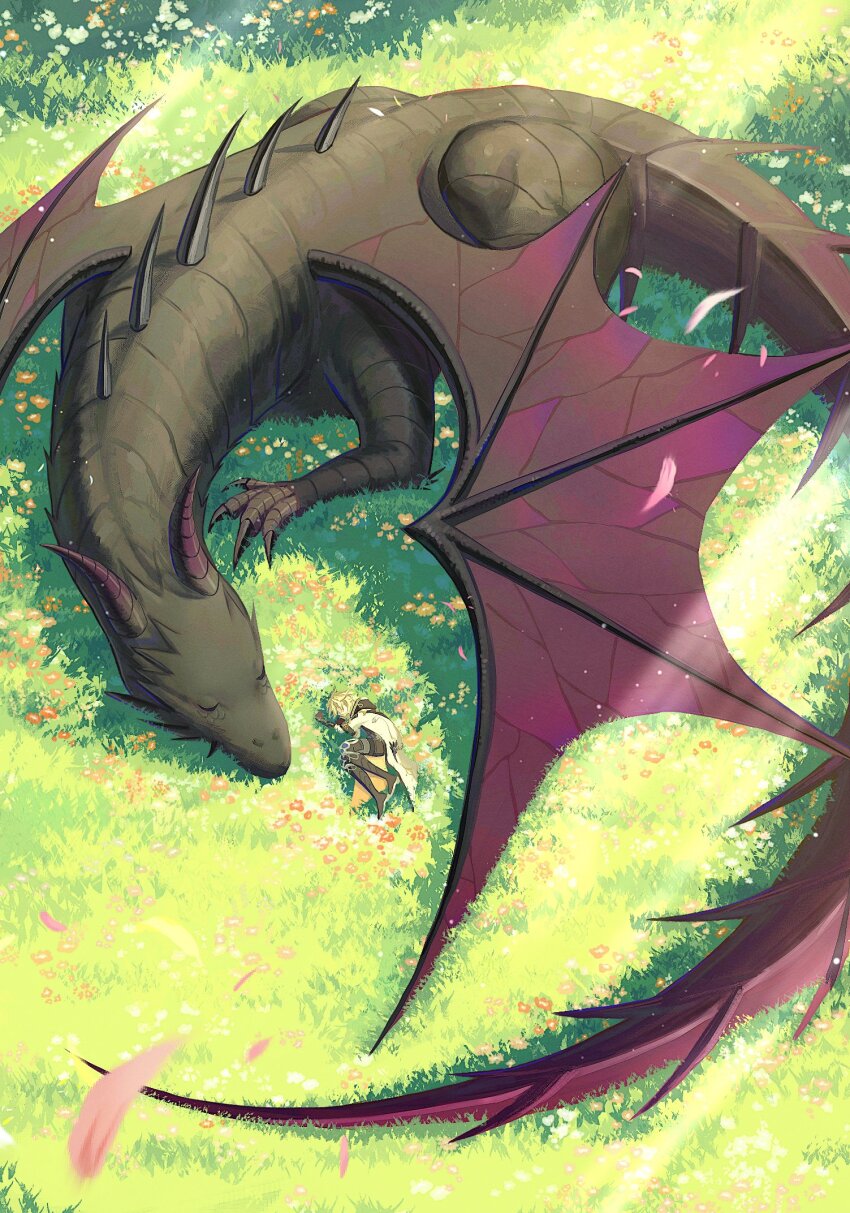 1boy, albedo_(genshin_impact), black_boots, black_gloves, black_shorts, blonde_hair, boots, claws, closed_eyes, coat, day, dragon, durin_of_dragonspine_(genshin_impact), falling_petals, flower, genshin_impact, gloves, grass, highres, hood, hood_down, hooded_coat, horns, light_particles, light_rays, lying, march_rly, medium_hair, on_ground, on_side, open_clothes, open_coat, outdoors, petals, pink_flower, purple_horns, red_flower, short_sleeves, shorts, sleeping, thigh_boots, white_coat, white_flower