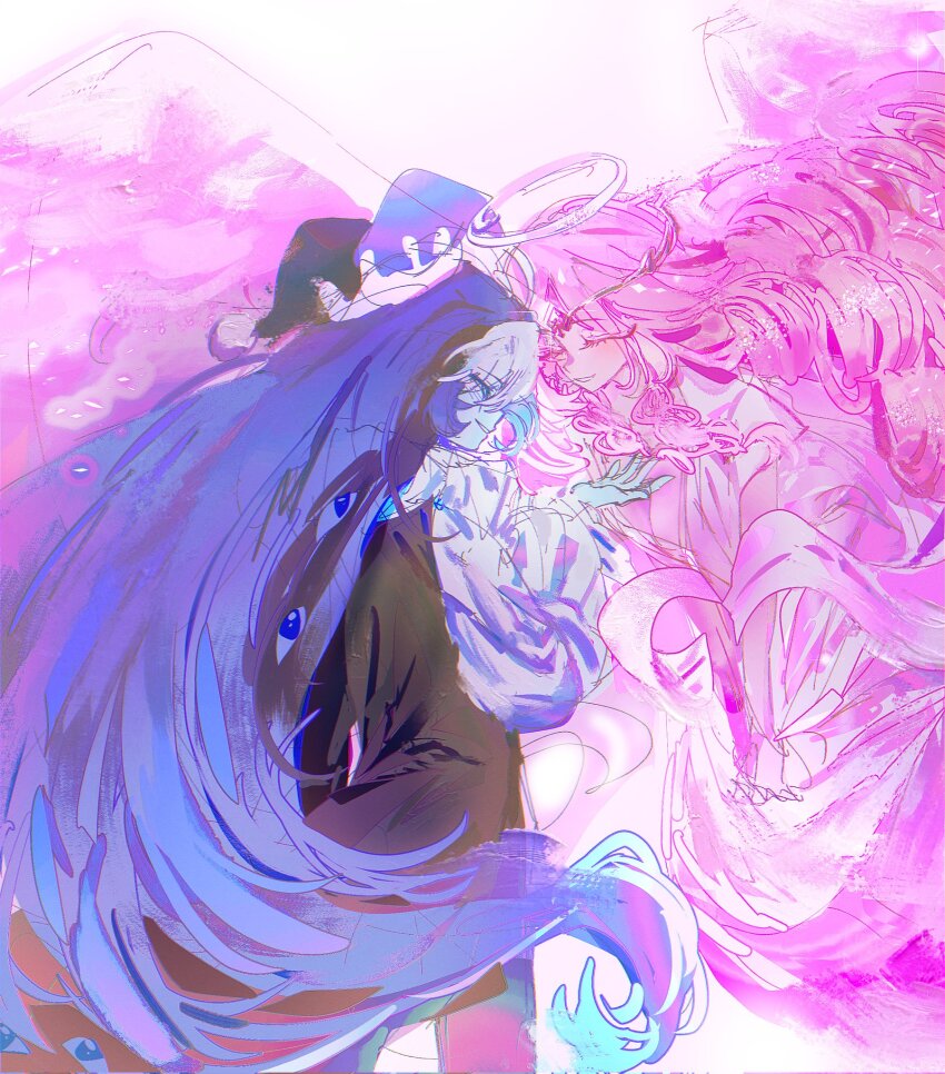 1boy, 1girl, angel, angel_wings, aqua_sclera, blue_skin, brooch, colored_sclera, colored_skin, cookie_run, cookie_run:_kingdom, eternal_sugar_cookie, eye_brooch, eye_print, eyes_on_wings, hat, highres, humanization, jester, jester_cap, jewelry, kerrolyk, long_sleeves, neck_ruff, pink_skin, puffy_long_sleeves, puffy_sleeves, shadow_milk_cookie, white_eyeshadow, wings