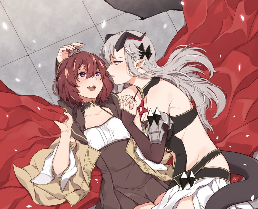 2girls, brown_hair, collarbone, color-les, curtains, demon_girl, demon_horns, demon_tail