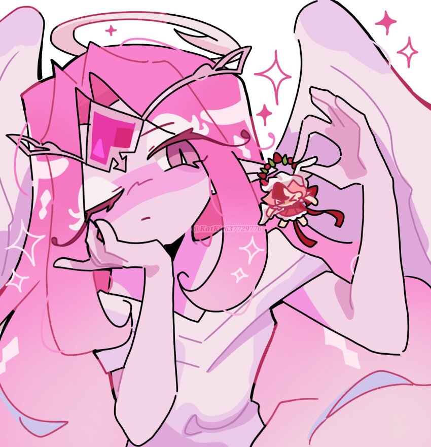 1boy, 1girl, angel, angel_wings, breasts, colored_skin, cookie_run, cookie_run:_kingdom, demon_girl, dress, eternal_sugar_cookie, eyes_on_wings, gold_wheat, halo, highres, holding, holding_instrument, holding_lyre, humanization, instrument, katkit637729776, long_hair, looking_at_viewer, lyre, pavlova_cookie, pink_eyes, pink_hair, pink_skin, very_long_hair, white_eyeshadow, wings