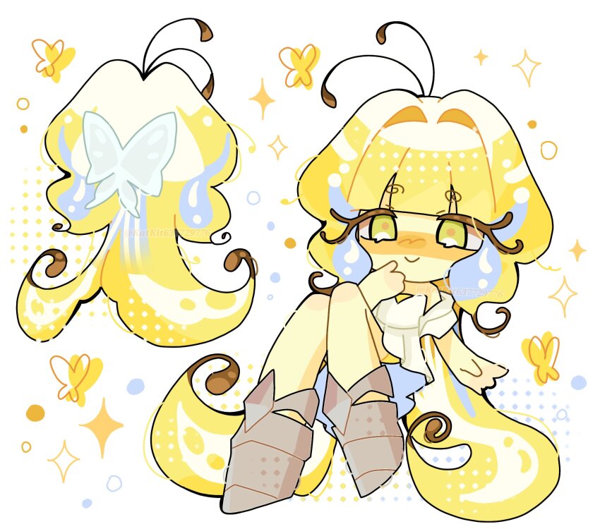 1girl, angel_wings, antenna_hair, armored_boots, bare_shoulders, blonde_hair, boots, butterfly_wings