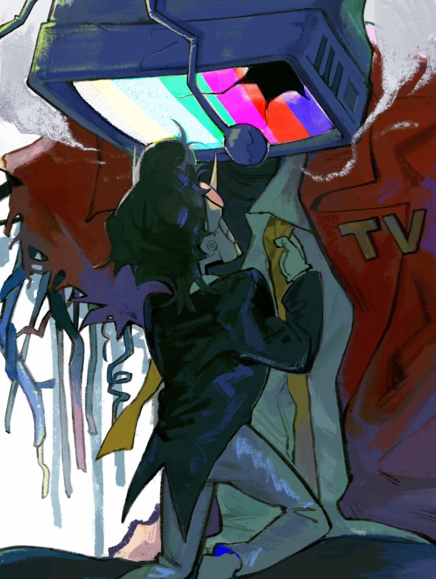 2boys, ant_tenna, black_hair, bourbonciely, cable, commentary, cracked_screen, crt