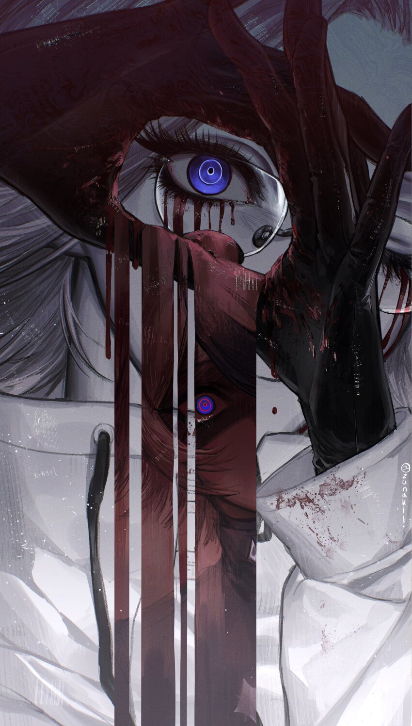 2boys, absurdres, aotsuki_eito, black_gloves, blood, blood_on_gloves, bloody_tears, blue_eyes