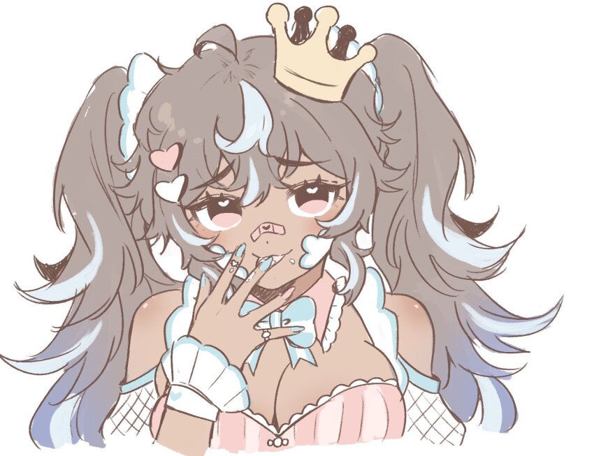 1girl, ahoge, bandaid, bandaid_on_face, bandaid_on_nose, blue_nails, breasts, brown_hair