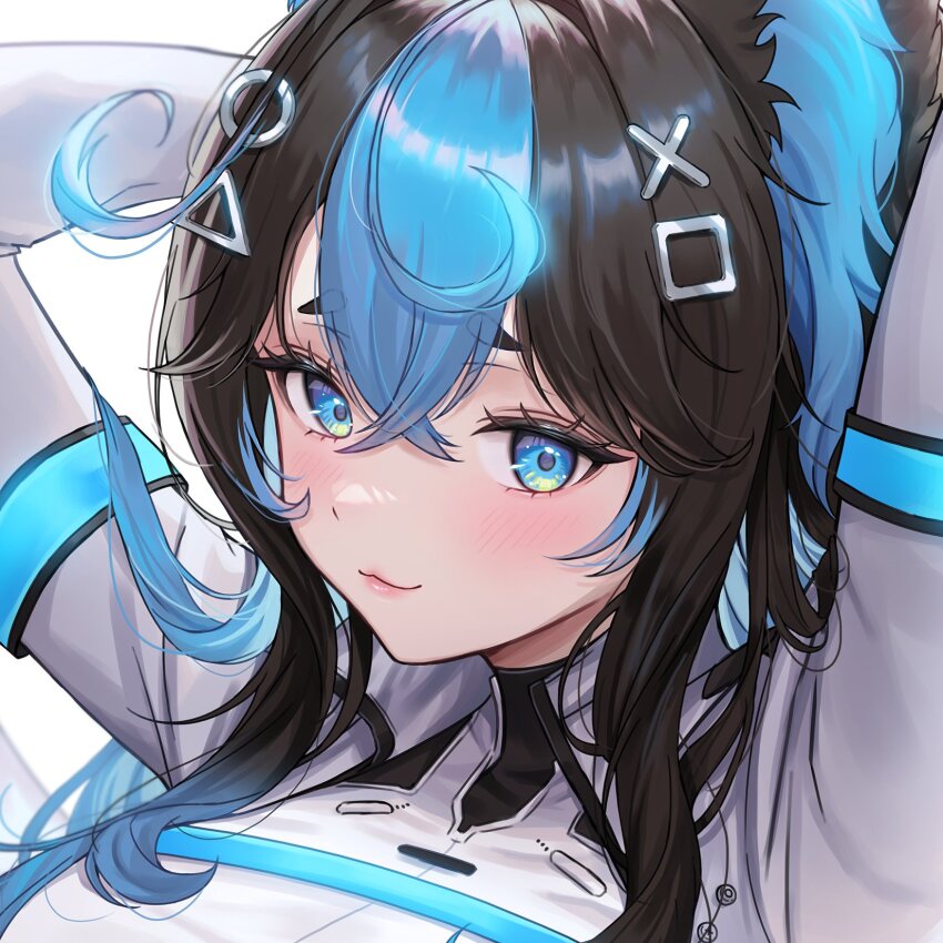 1girl, :3, arms_behind_head, arms_up, black_hair, black_shirt, blue_eyes, blue_hair