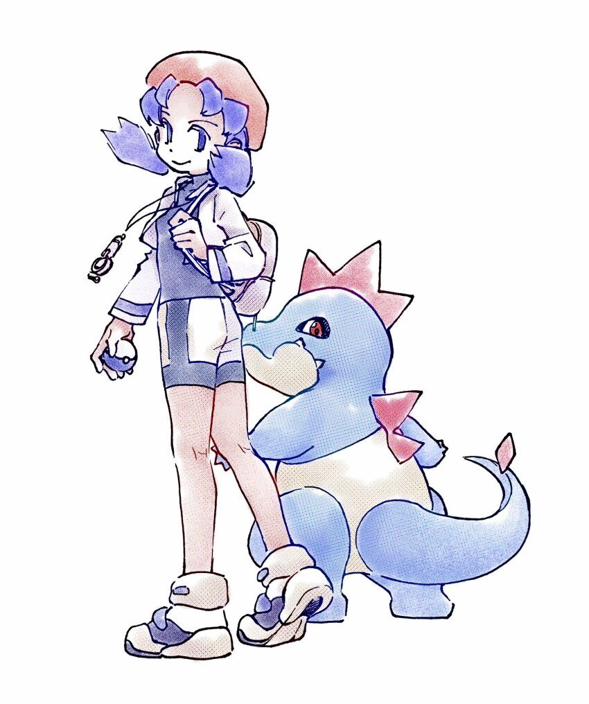 1girl, bike_shorts, blue_eyes, blue_hair, closed_mouth, croconaw, cropped_jacket, gen_2_pokemon