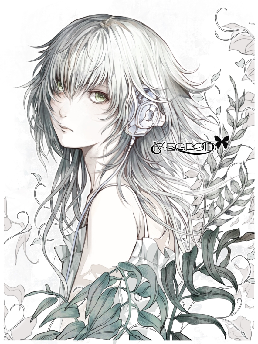 1girl, behind-the-head_headphones, character_name, commentary, green_eyes, gumi, headphones, highres