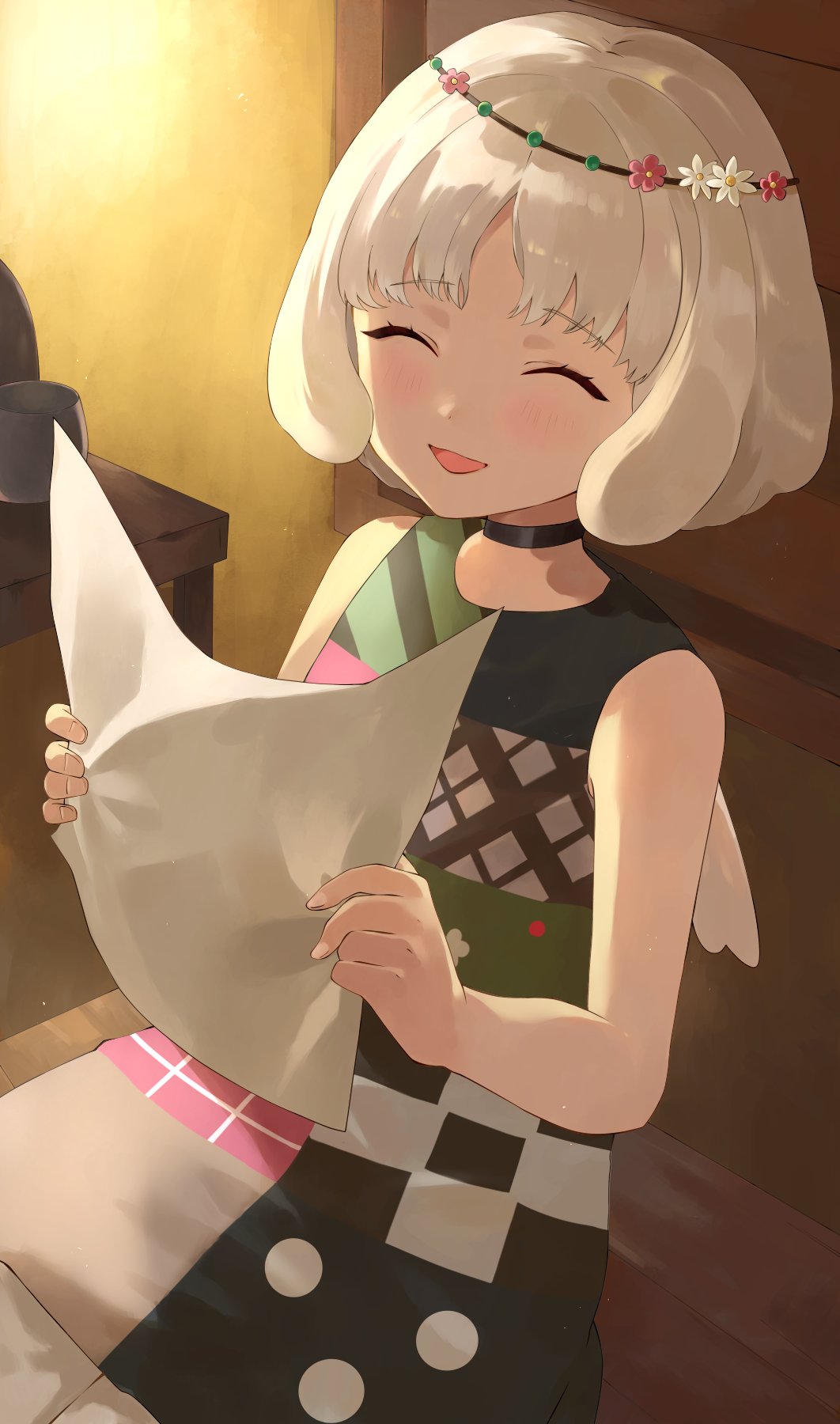 1girl, angel_wings, black_choker, blush, choker, closed_eyes, commentary, dark-skinned_female