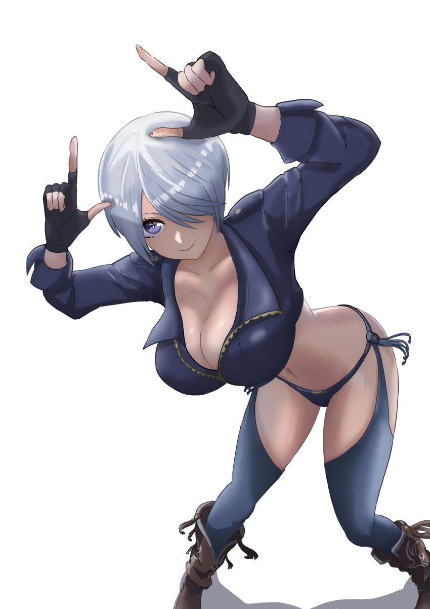1girl, absurdres, angel_(kof), backless_pants, blue_eyes, boots, bra, breasts