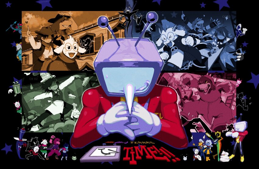 >_<, 4girls, 6+boys, ant_tenna, band_(music), bendedede, black_background, chief_undyne