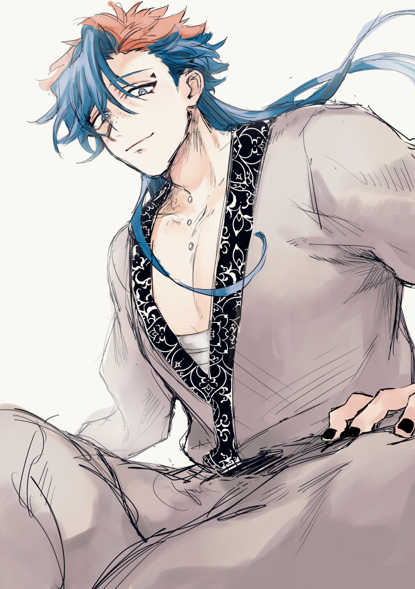 1boy, absurdres, black_nails, blue_hair, face_piercing, freckles, gokuraku_(madan_no_ichi), grey_eyes, hand_on_own_leg, highres, lip_piercing, long_hair, looking_at_viewer, madan_no_ichi, male_focus, multicolored_hair, orange_hair, pectorals, piercing, shirumeika, sitting, sketch, solo, two-tone_hair, white_background