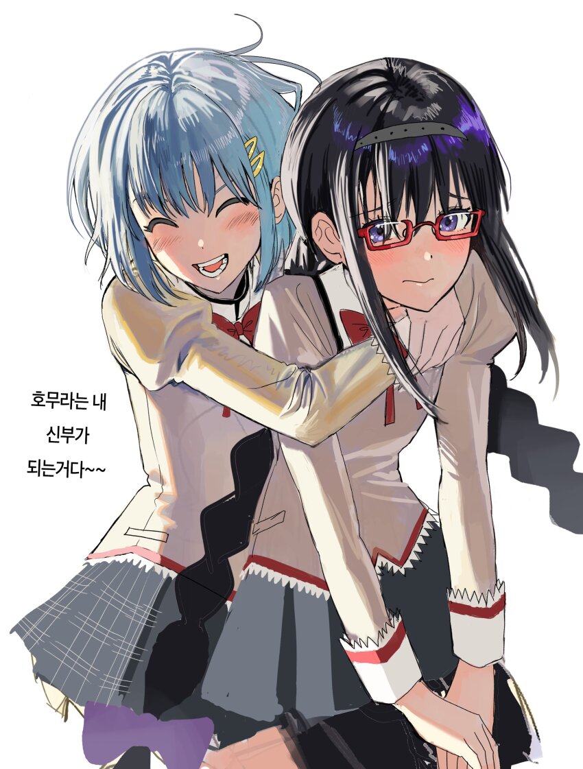 2girls, absurdres, akemi_homura, black_hair, black_skirt, blue_eyes, bow, braid