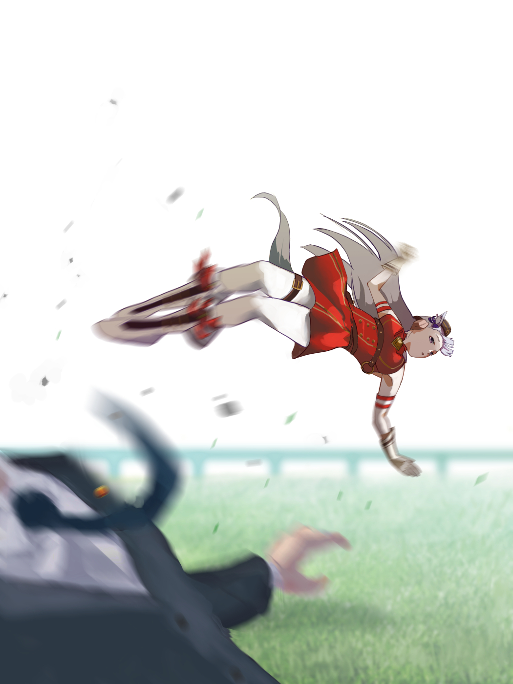 animal_ears, bare_shoulders, blunt_bangs, boots, bow, brown_hat, dress, ear_bow, ear_covers, ear_ribbon, flying_kick, gold_ship_(red_strife)_(umamusume), gold_ship_(umamusume), hat, highres, horse_ears, horse_girl, horse_racing_track, kicking, knee_boots, long_hair, motion_blur, no_uwazumi, o-ring, outdoors, pillbox_hat, pink_eyes, purple_bow, red_dress, sleeveless, sleeveless_dress, solo_focus, thigh_strap, trainer_(umamusume), umamusume, white_boots, white_hair